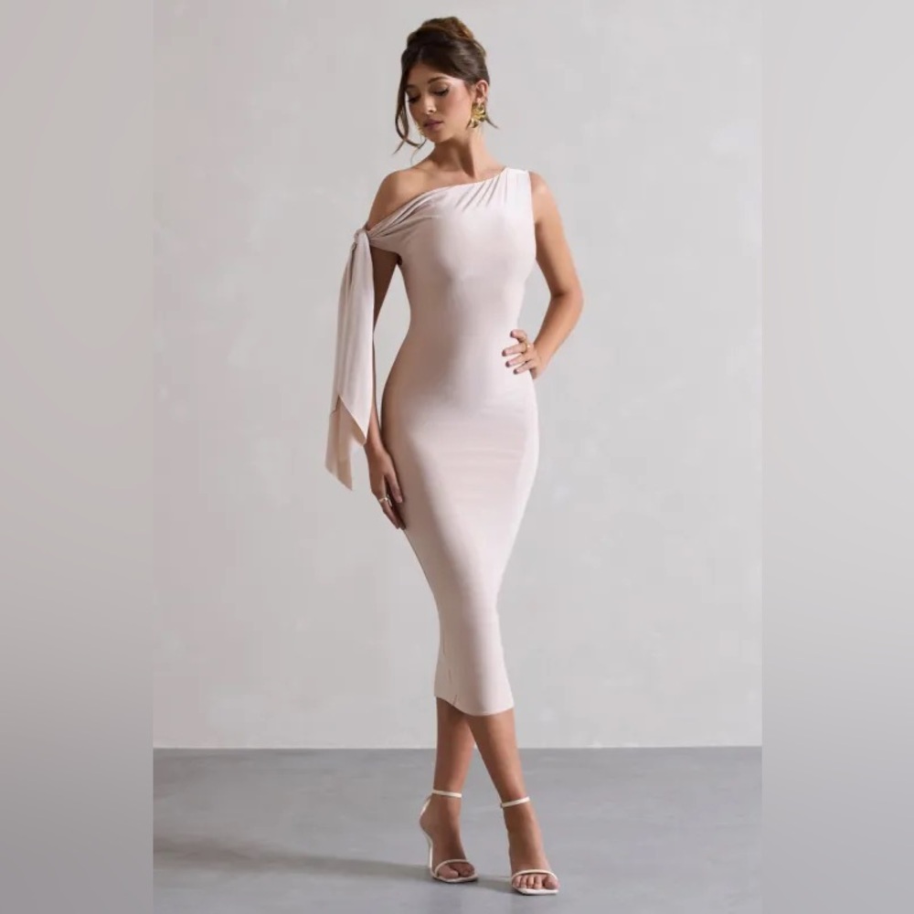 Adapt Champagne Asymmetric Midi Dress with Tie Sleeve